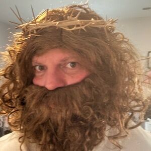 Jesus Curly Brown Wig with Beard and Crown of Thorns